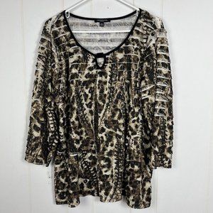Notations Women Top Blouse 2X Animal Print Tiered Ruffle Stretch Keyhole L/Sleve